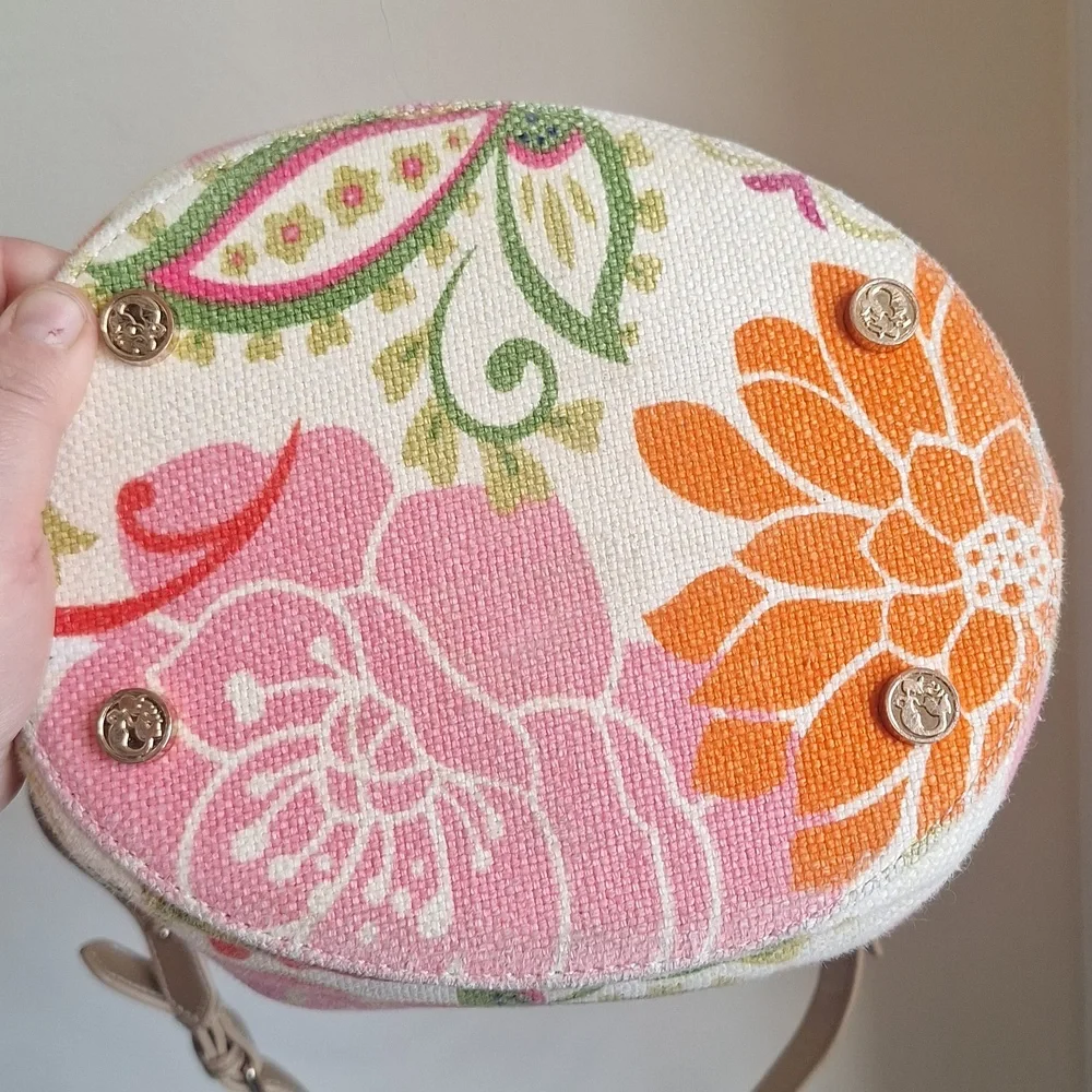 Spartina 449 Sarah Floral Linen Bucket Bag Gold Leather Trim